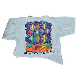 VTG 90s Mazatlan Beach Club Tropical Fish Neon Souvenir Crop Tee White
